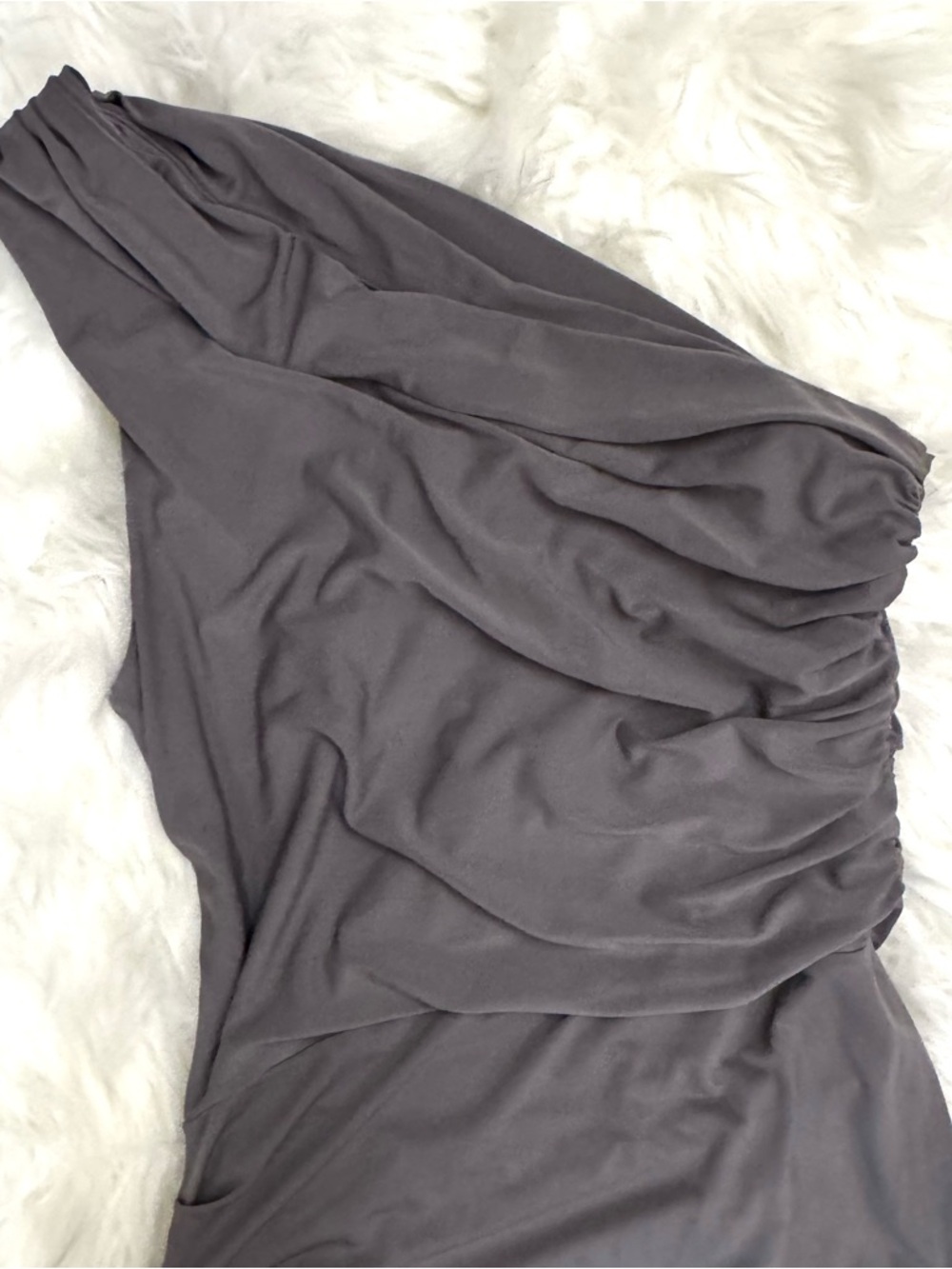 Maggie London Gray One-Shoulder Ruched Midi Dress Size 12 - Picture 6 of 10